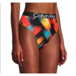 CalvinKlein Black MultiAbstract Stretch X-Fit UPF 50+ Swim Hipster Bottom S NWT